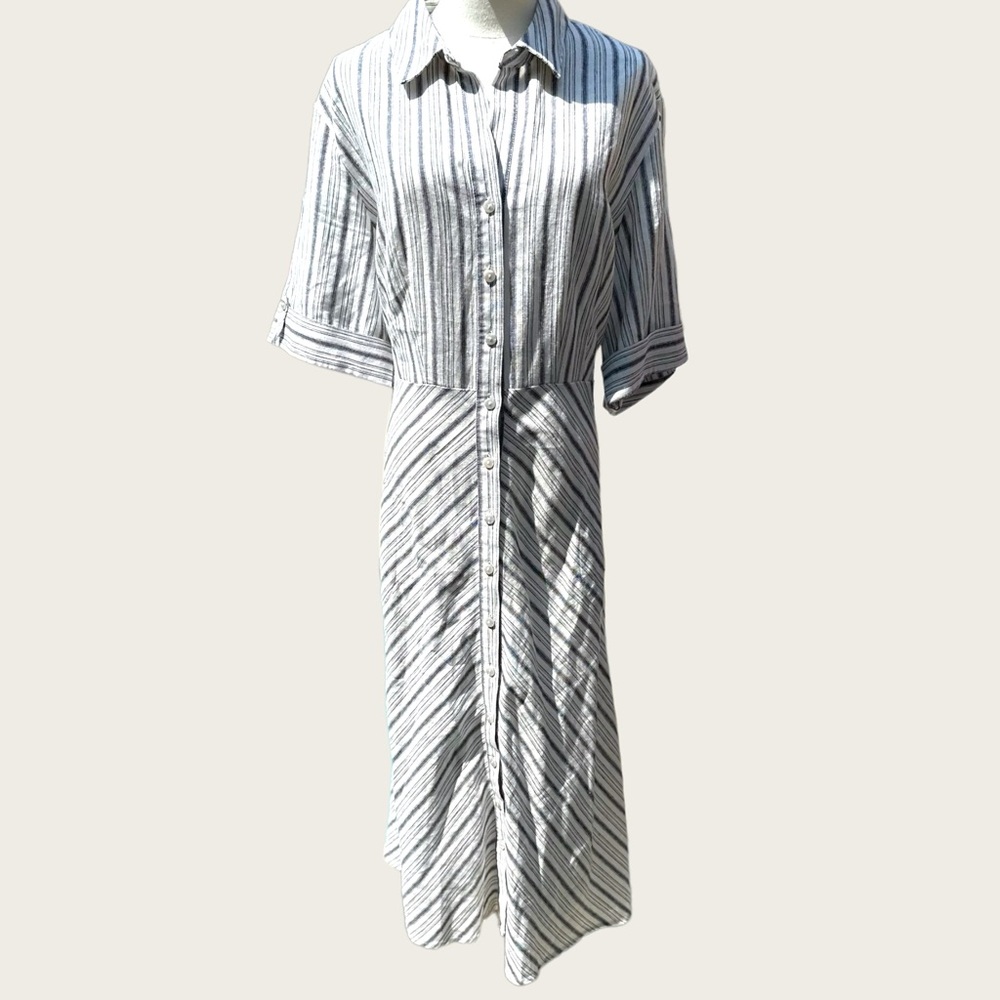 Tahari White and Black Striped Midi Shirt Dress